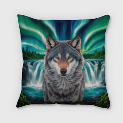 Подушка квадратная Серый волк стоящий перед водопадом под северным си, цвет: 3D-принт