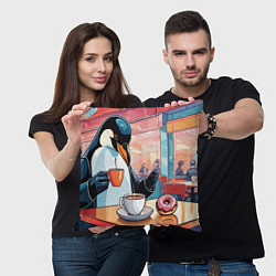 Подушка квадратная Пингвин угощает в кафе, цвет: 3D-принт — фото 2