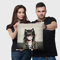 Подушка квадратная Девушка-кошка в болотной толстовке, цвет: 3D-принт — фото 2