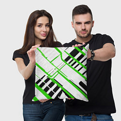 Подушка квадратная Зелёно-чёрные полосы на белом фоне, цвет: 3D-принт — фото 2