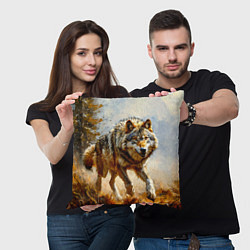 Подушка квадратная Волк в осеннем лесу, цвет: 3D-принт — фото 2