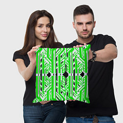 Подушка квадратная Бело-зелёные техно полосы на чёрном фоне, цвет: 3D-принт — фото 2