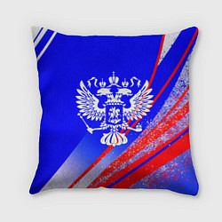 Подушка квадратная Герб России на фоне цветов флага синий, цвет: 3D-принт