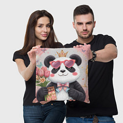 Подушка квадратная Панда в очках с подарками и с цветами на 8 марта, цвет: 3D-принт — фото 2