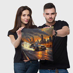 Подушка квадратная BMW на фоне труб завода, цвет: 3D-принт — фото 2