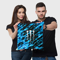 Подушка квадратная Monster energy штрихи голубых неоновых красок, цвет: 3D-принт — фото 2