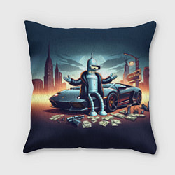 Подушка квадратная Бендер рядом с Ламбо и рассыпанным баблом