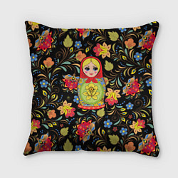 Подушка квадратная Хохломская роспись с русской матрёшкой, цвет: 3D-принт