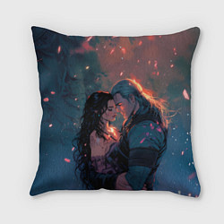 Подушка квадратная Йеннифэр и Геральт и розовые лепестки, цвет: 3D-принт