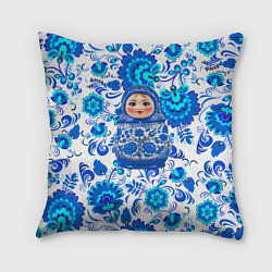 Подушка квадратная Русская матрёшка в гжельских узорах, цвет: 3D-принт