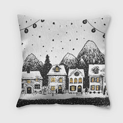 Подушка квадратная Черно-белый новогодний город, цвет: 3D-принт