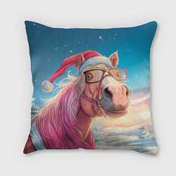 Подушка квадратная Новогодняя лошадь в очках, цвет: 3D-принт