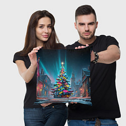 Подушка квадратная Новогодняя елка в гирляндах, цвет: 3D-принт — фото 2