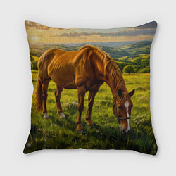 Подушка квадратная Зелёные холмы и конь, цвет: 3D-принт