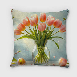 Подушка квадратная Нежно-розовые тюльпаны в лучах весны