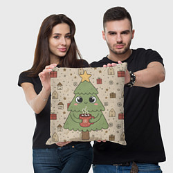 Подушка квадратная Новогодняя елочка с горячим шоколадом, цвет: 3D-принт — фото 2
