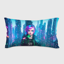 Подушка-антистресс Девушка в стиле киберпанк на фоне неонового города, цвет: 3D-принт