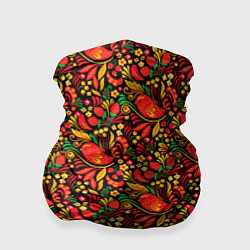 Бандана-труба Желтые и красные цветы, птицы и ягоды хохлома, цвет: 3D-принт