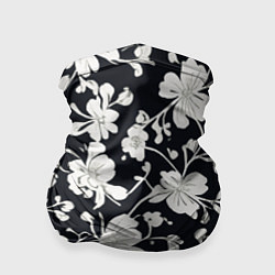 Бандана-труба Патерн белых цветов на черном фоне, цвет: 3D-принт