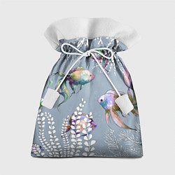 Мешок для подарков Разноцветные акварельные рыбки и белые водоросли, цвет: 3D-принт