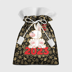 Мешок для подарков Happy New Year, кролик сидит на цифрах 2023, цвет: 3D-принт