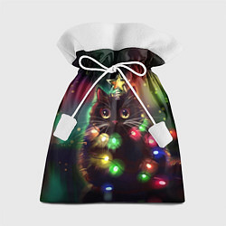 Мешок для подарков Новогодний котик с гирляндой, цвет: 3D-принт