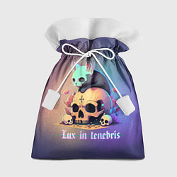 Мешок для подарков Черный котенок на черепе мрачный неоновый фон, цвет: 3D-принт