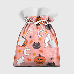 Мешок для подарков Тыквы и кошки на розовом фоне, цвет: 3D-принт