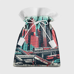 Мешок для подарков Силуэты небоскребов в брызгах красной и голубой кр, цвет: 3D-принт