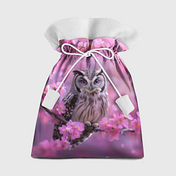 Мешок для подарков Сова на ветке с розовыми цветами, цвет: 3D-принт