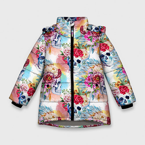 Зимняя куртка для девочки Цветы и бабочки 5 / 3D-Светло-серый – фото 1