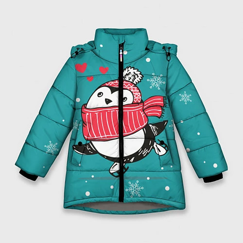 Зимняя куртка для девочки Пингвинчик на коньках / 3D-Светло-серый – фото 1