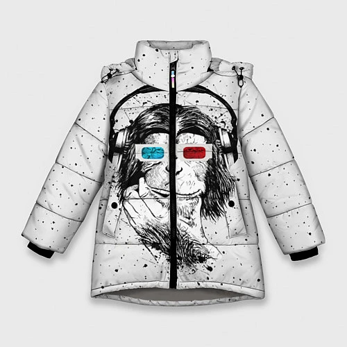 Зимняя куртка для девочки Обезьяна в наушниках / 3D-Светло-серый – фото 1