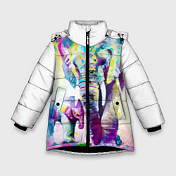 Куртка зимняя для девочки Акварельные слоны, цвет: 3D-черный