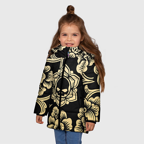 Зимняя куртка для девочки Хохлома с черепом / 3D-Черный – фото 3