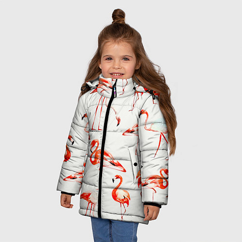 Зимняя куртка для девочки Оранжевые фламинго / 3D-Черный – фото 3