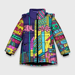 Куртка зимняя для девочки Токио сити, цвет: 3D-черный