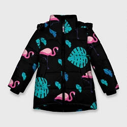 Куртка зимняя для девочки Ночные фламинго, цвет: 3D-черный