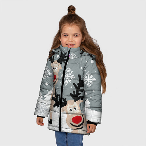 Зимняя куртка для девочки Вязанный узор с оленями / 3D-Черный – фото 3