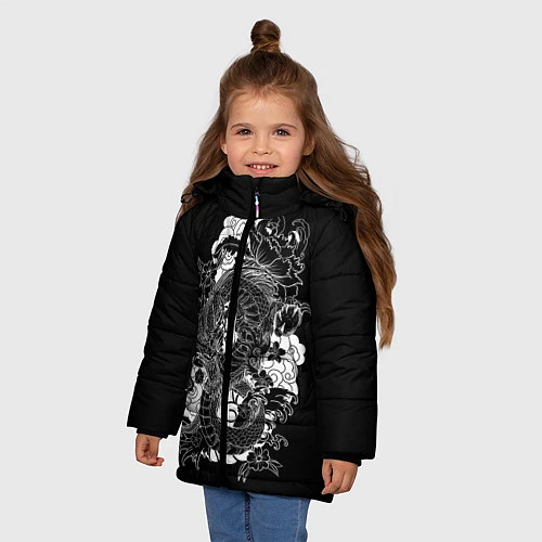 Зимняя куртка для девочки Японский дракон / 3D-Черный – фото 3