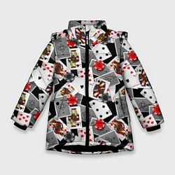 Куртка зимняя для девочки Игральные карты и фишки, цвет: 3D-черный