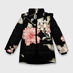 Куртка зимняя для девочки Красивые Цветочки, цвет: 3D-черный