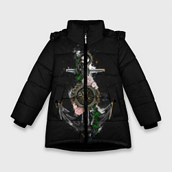 Куртка зимняя для девочки Якорь с компасом и цветами, цвет: 3D-черный