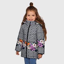 Куртка зимняя для девочки Тропически цветы с орнаментом, цвет: 3D-черный — фото 2