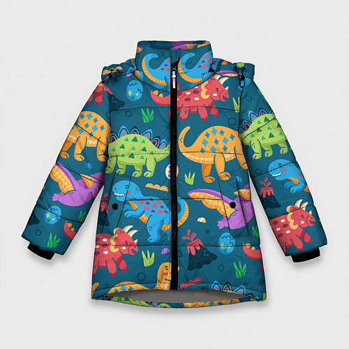 Зимняя куртка для девочки Арт с динозаврами / 3D-Светло-серый – фото 1
