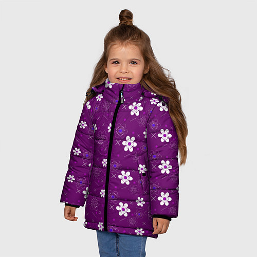 Зимняя куртка для девочки Узор цветы на фиолетовом фоне / 3D-Черный – фото 3