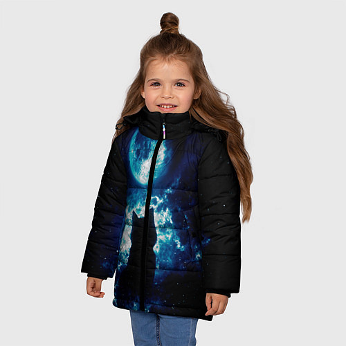 Зимняя куртка для девочки Кот силуэт луна ночь звезды / 3D-Черный – фото 3