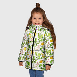 Куртка зимняя для девочки Летний узор лимон ветки листья, цвет: 3D-черный — фото 2