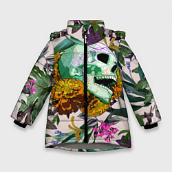 Куртка зимняя для девочки Череп в цветах, цвет: 3D-светло-серый