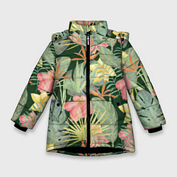 Куртка зимняя для девочки Тропические растения и цветы, цвет: 3D-черный